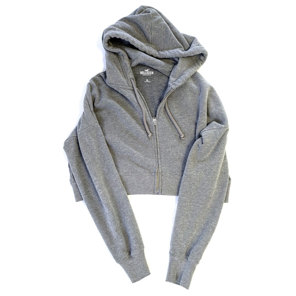 Hollister Womens XS Gray Cropped Full Zip Hoodie Fleece Sweatshirt Heathered